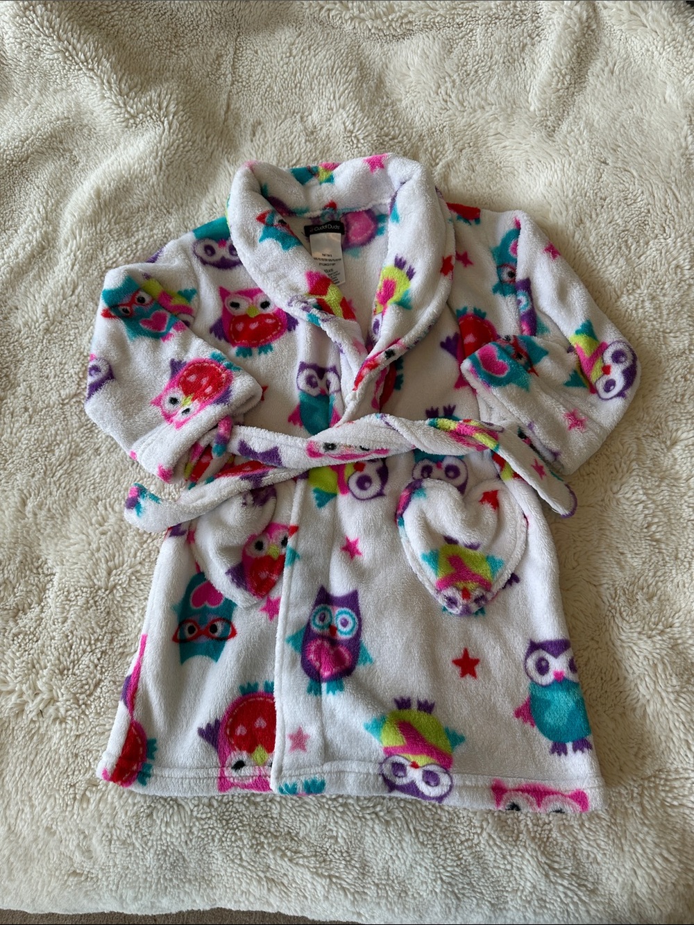 Cuddl Duds Girls' White Plush Owl Print Robe with Multicolor Owls